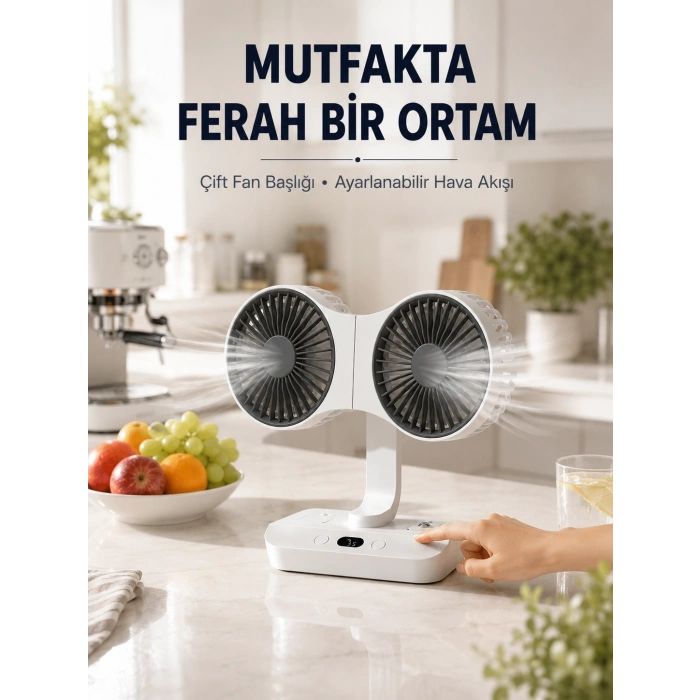 Mey İthalat® Ayarlanabilir Çift Fan Başlıklı Şarjlı Masa Vantilatörü