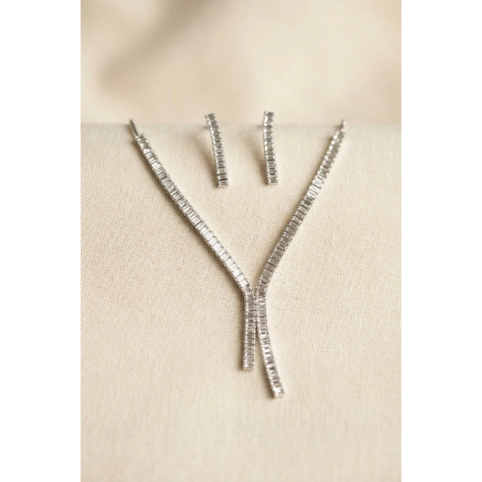 Mey İthalat® Baget Zirkon Taşlı Su Yolu Kolye ve Küpe Set