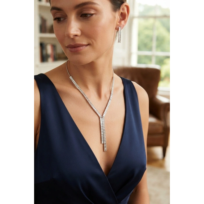 Mey İthalat® Baget Zirkon Taşlı Su Yolu Kolye ve Küpe Set