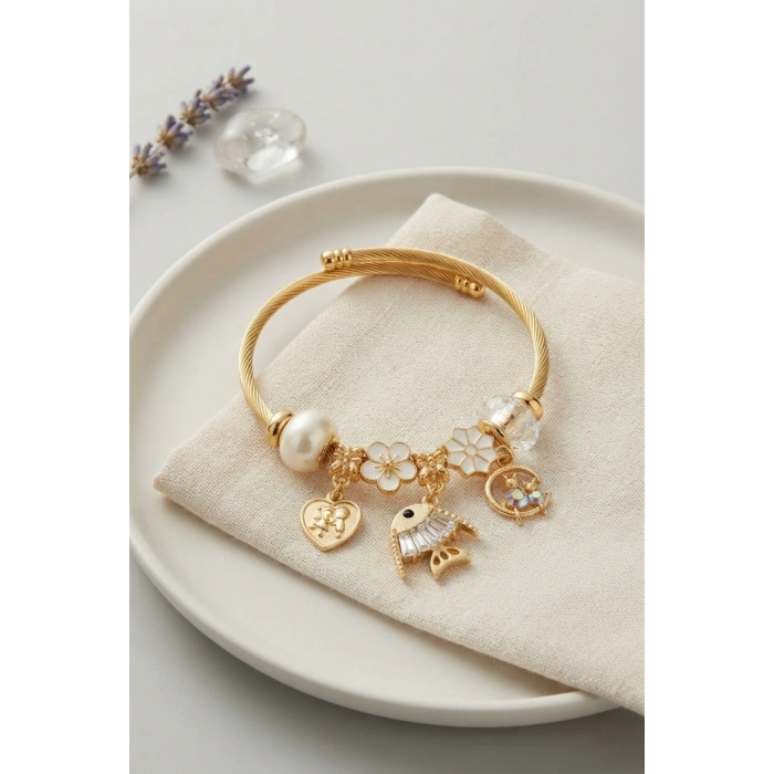 Mey İthalat® Balık Charmlı Beyaz Renk Gold Bileklik