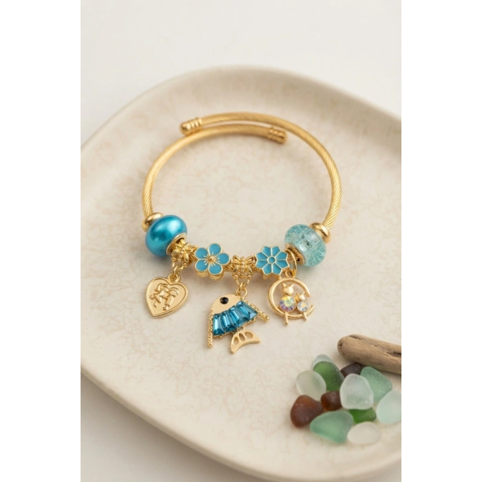 Mey İthalat® Balık Charmlı Mavi Renk Gold Bileklik