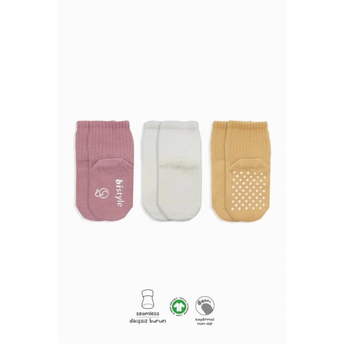 Mey İthalat®   Basic Kaymaz Penye Soket Çorap 3Lü BS10107 Pudra Ekru Somon