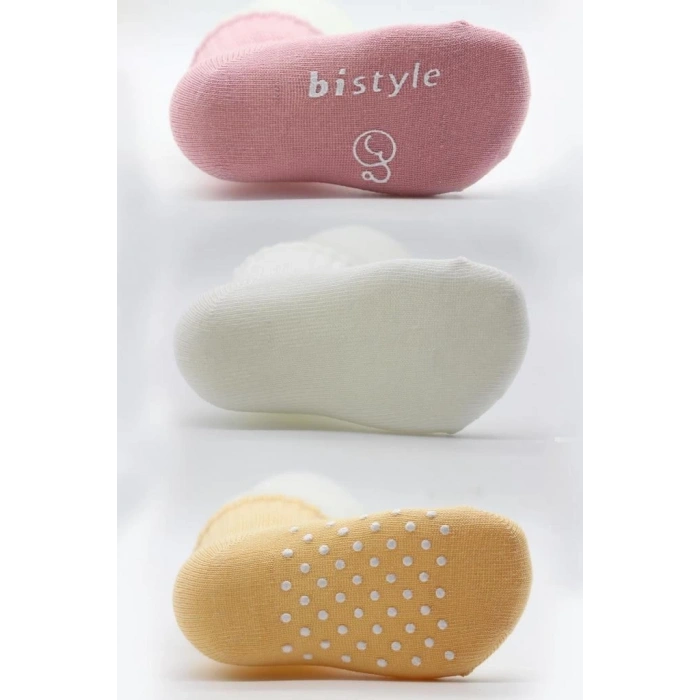 Mey İthalat®   Basic Kaymaz Penye Soket Çorap 3Lü BS10107 Pudra Ekru Somon