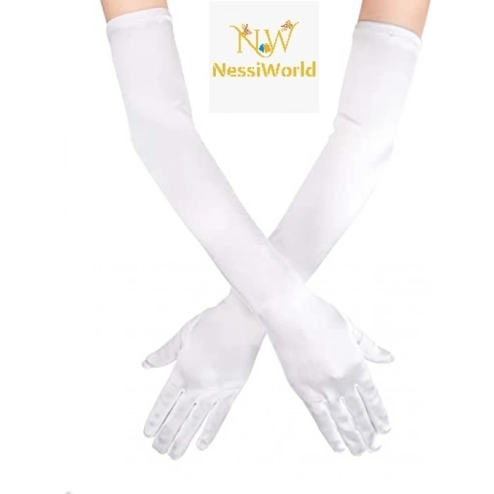 Mey İthalat® Beyaz Renk Dirseğe Kadar Uzun Kumaş Eldiven 40 cm