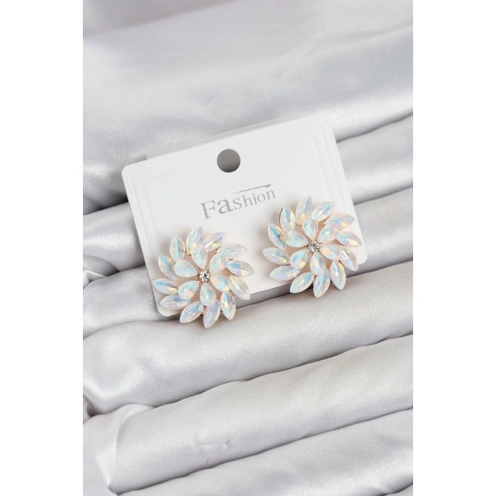 Mey İthalat® Beyaz Renk Kristal Taşlı Çiçek Model Kadın Küpe