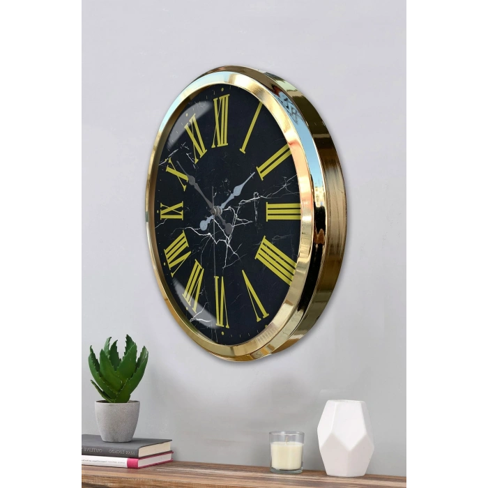 Mey İthalat® Black Marble Gold 52 Cm Metal Duvar Saati