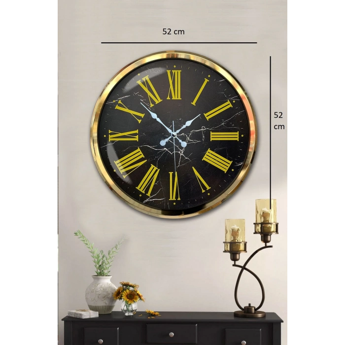 Mey İthalat® Black Marble Gold 52 Cm Metal Duvar Saati