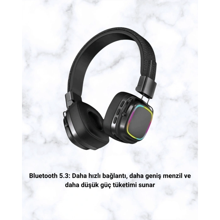 Mey İthalat® Bluetooth 5.3 Rainbow Işıklı Kulak Üstü Kablosuz Kulaklık Yeni Nesil