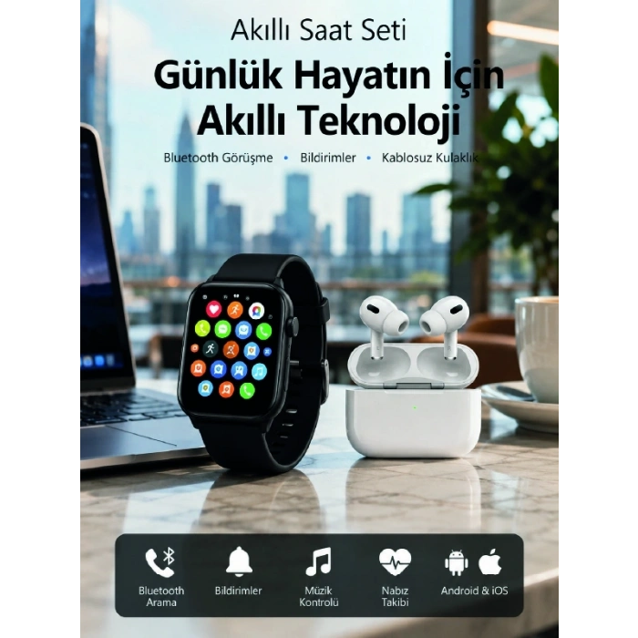Mey İthalat® Bluetooth Arama Özellikli Akıllı Saat Seti Kablosuz Kulaklık Hediyeli, Android & iOS Uyumlu