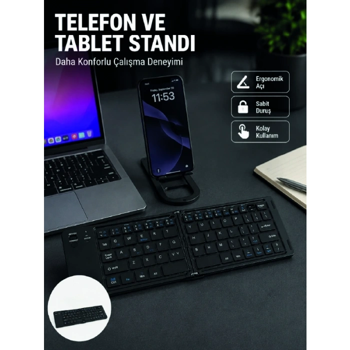 Mey İthalat® Bluetooth Katlanabilir Klavye USB-C Şarjlı 3 Cihaz Bağlantılı Taşınabilir Klavye