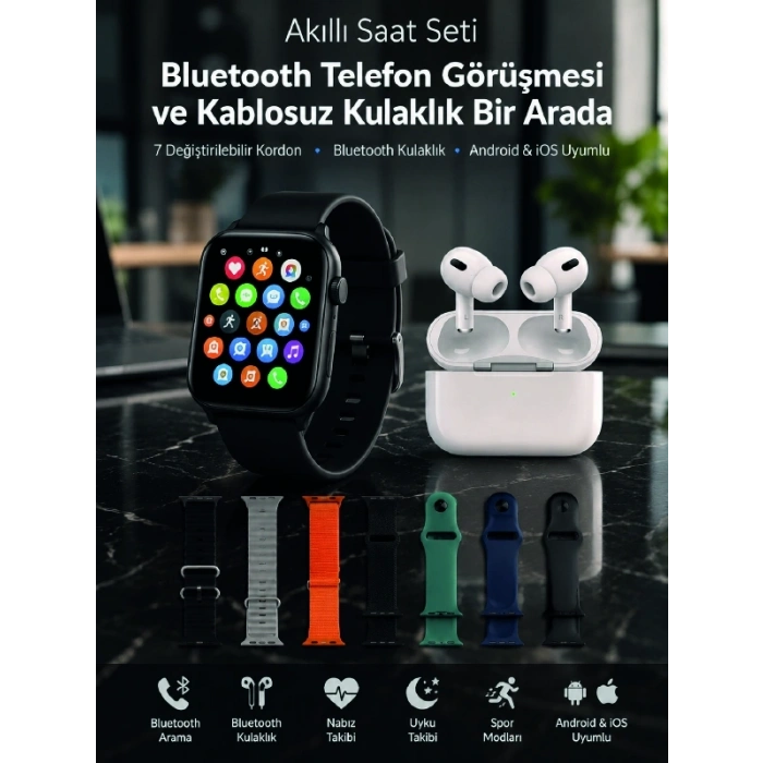 Mey İthalat® Bluetooth Telefon Görüşmeli Akıllı Saat Seti Kablosuz Bluetooth Kulaklık 7 Değiştirilebilir Kordon