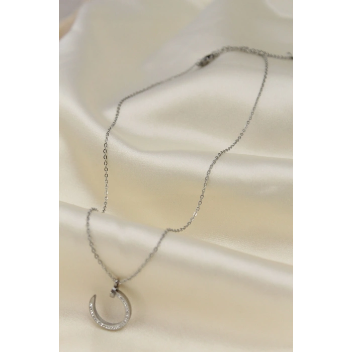 Mey İthalat® Çelik Silver Renk Zirkon Taşlı Çivi Model Kadın Kolye