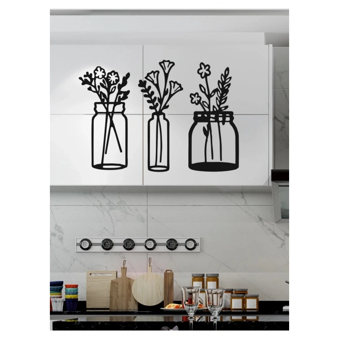 Mey İthalat® Çiçekli Kavanozlar – Ahşap Mutfak Duvar Dekoru (3’lü Set)