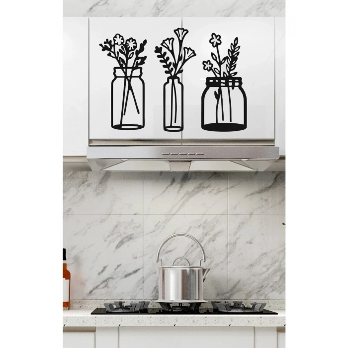 Mey İthalat® Çiçekli Kavanozlar – Ahşap Mutfak Duvar Dekoru (3’lü Set)