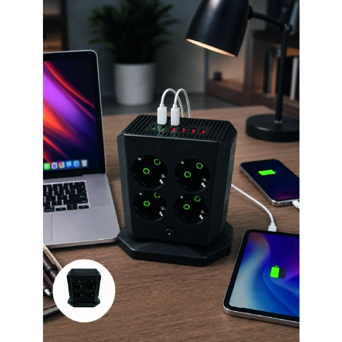 Mey İthalat® Çoklu Priz 8 Çıkışlı 4 USB 2 Type-C Anahtarlı Dikey Priz Kulesi