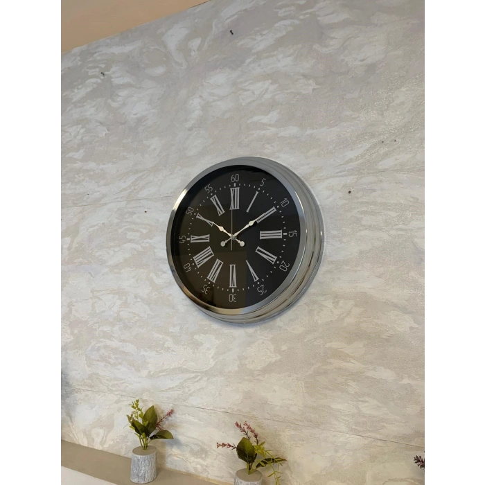 Mey İthalat® Dark Elegance 40 Cm Metal Krom Duvar Saati
