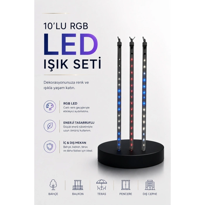 Mey İthalat® Dekoratif Ortam Aydınlatması RGB LED 10’lu Çubuk Seti