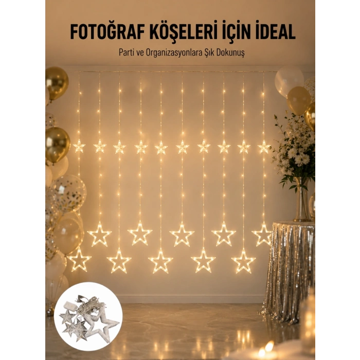 Mey İthalat® Dekoratif Yıldız Peri Led Perde 3x3 Metre Ortam Işığı Yeni Nesil