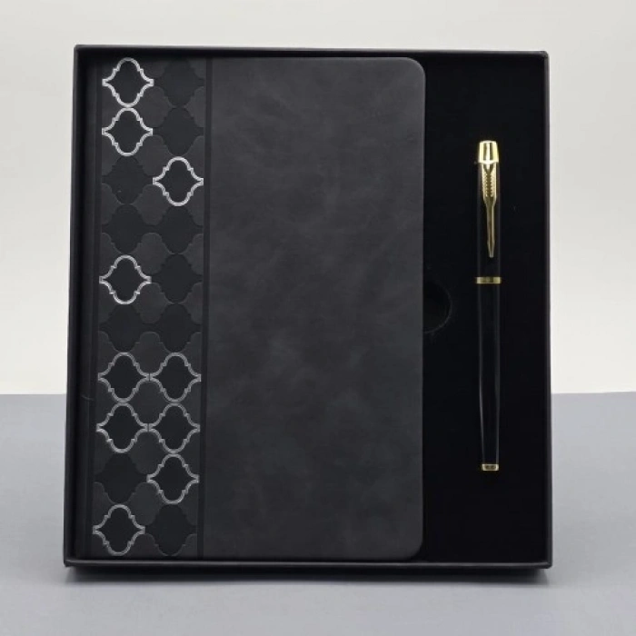 Mey İthalat®  Desenli Siyah Deri Defter Kalem Set