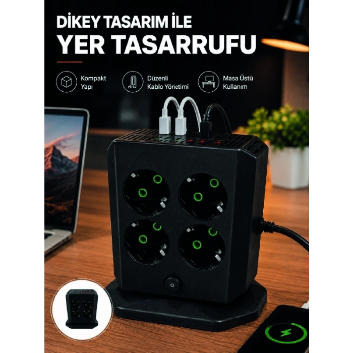 Mey İthalat® Dikey Priz Kulesi 8 AC Priz 4 USB 2 Type-C Çocuk Korumalı Güç Dağıtıcı