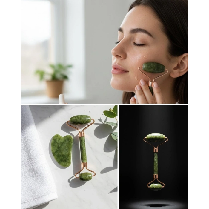 Mey İthalat® Doğal Yeşim Roller ve Gua Sha Yüz Şekillendirme Seti
