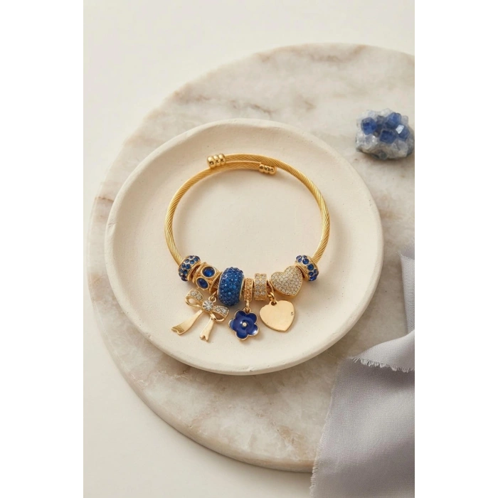 Mey İthalat® Fiyonk Charmlı Mavi Renk Gold Bileklik