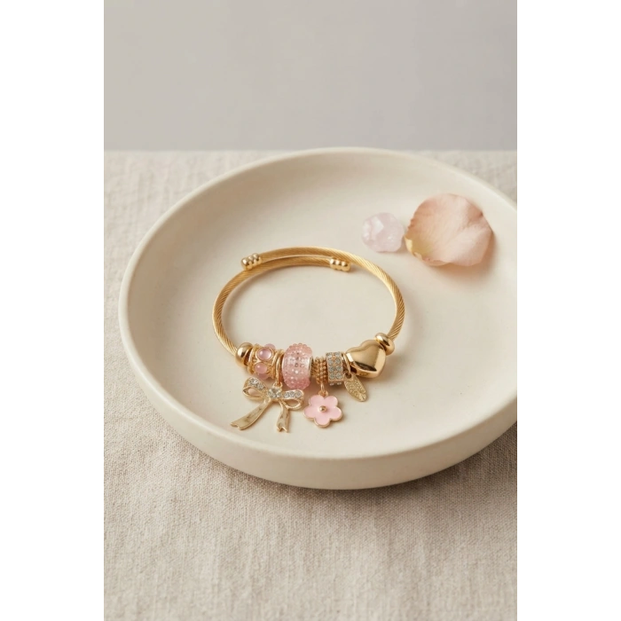 Mey İthalat® Fiyonk Charmlı Pembe Renk Gold Bileklik
