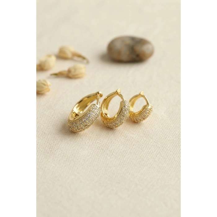 Mey İthalat® Gold Renk 3 lü Zirkon Taşlı Halka Küpe Set