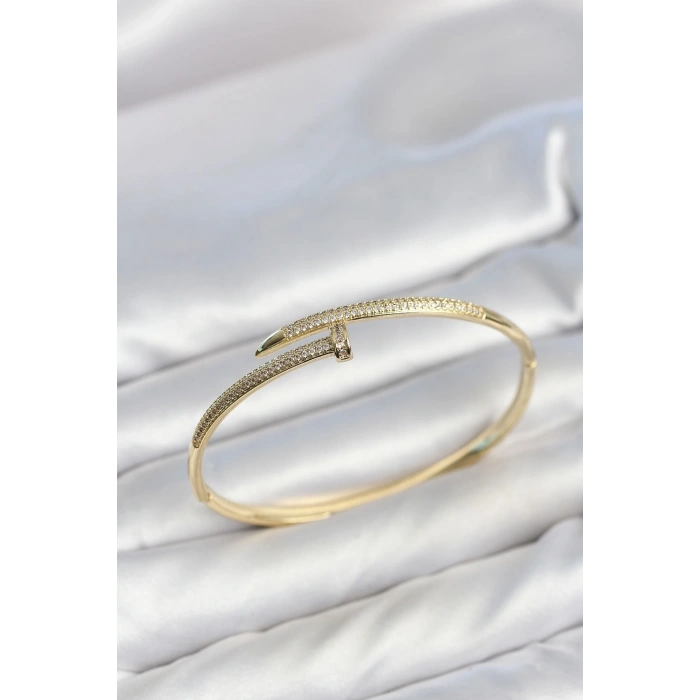 Mey İthalat® Gold Renk Çivi Model Zirkon Taşlı Kadın Kelepçe Bileklik