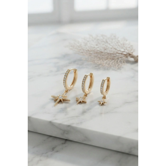 Mey İthalat® Gold Renk Kutup Yıldız Model 3 lü Küpe Seti
