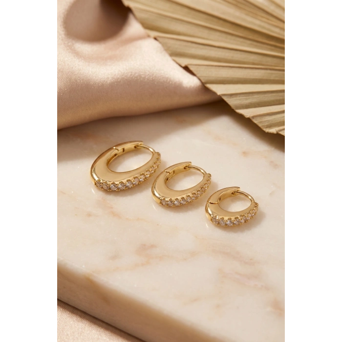 Mey İthalat® Gold Renk Oval Halka Model Zirkon Taşlı 3 lü Küpe Set