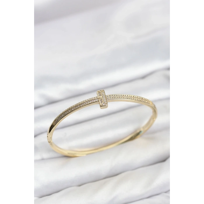 Mey İthalat® Gold Renk T Model Zirkon Taşlı Kadın Kelepçe Bileklik