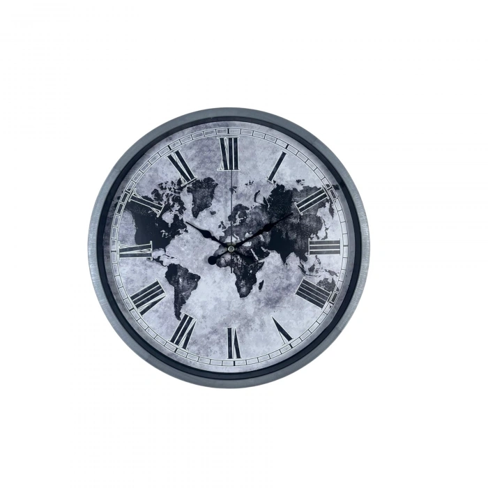 Mey İthalat® Gri 36 Cm Dünya Haritalı Duvar Saati