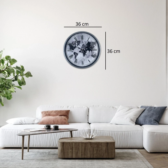 Mey İthalat® Gri 36 Cm Dünya Haritalı Duvar Saati