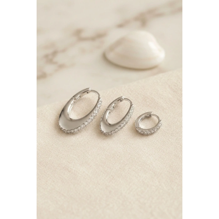 Mey İthalat® Gümüş Renk Oval Halka Model Zirkon Taşlı 3 lü Küpe Set