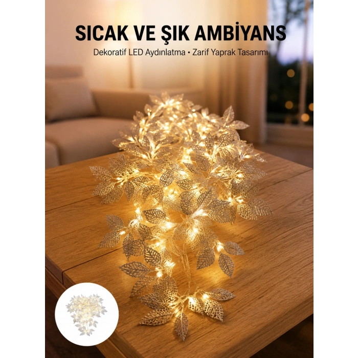 Mey İthalat® Gümüş Yaprak Tasarımlı LED Işık Pilli Ev ve Vitrin Dekoru