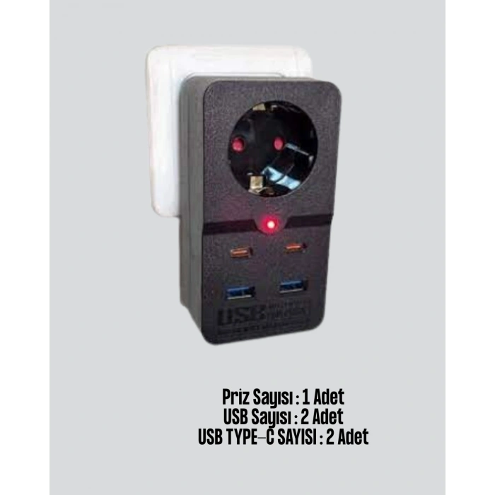 Mey İthalat® Isıya Dayanıklı PC Gövdeli Akım Korumalı Priz 4 USB Yeni Nesil