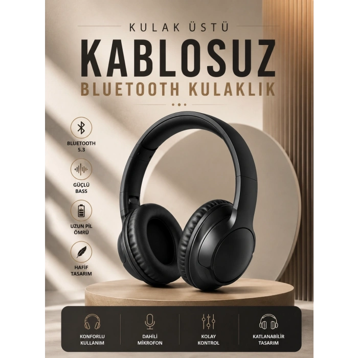 Mey İthalat® Kablosuz Bluetooth Kulaklık Kulak Üstü Mikrofonlu 5.0 Bluetooth ANC Özelliği