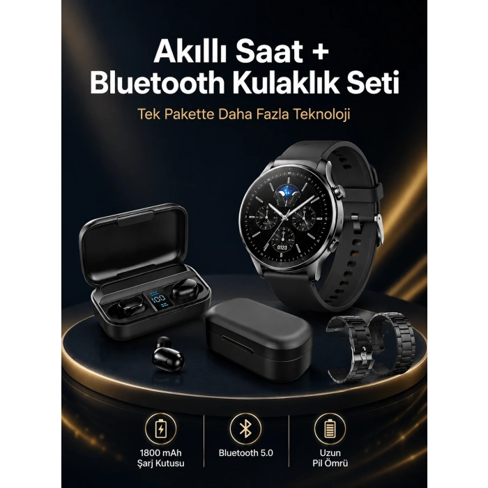 Mey İthalat® Kablosuz Bluetooth Kulaklık ve Kordon Hediyeli Akıllı Saat Nabız Ölçer Uzun Pil Ömrü