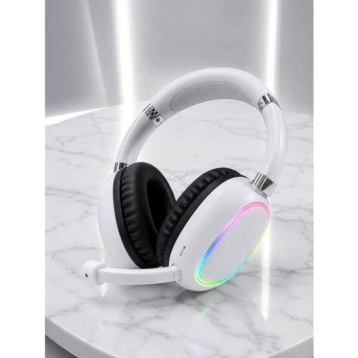Mey İthalat® Kablosuz Bluetooth Mikrofonlu Beyaz Kulaklık  RGB Işıklı