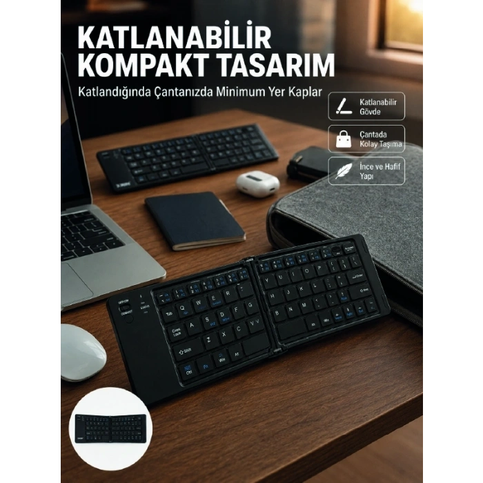 Mey İthalat® Kablosuz Katlanabilir Bluetooth Klavye Telefon Tablet Bilgisayar Uyumlu