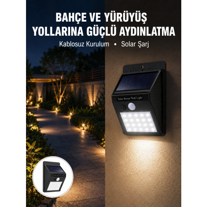 Mey İthalat® Kablosuz Solar LED Lamba | Bahçe, Veranda, Merdiven Işığı, Otomatik Aç-Kapa Sensörlü Yeni Nesil