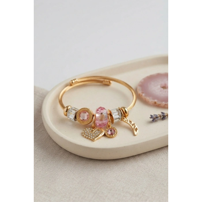 Mey İthalat® Kalp Model Gold Renk Pembe Charmlı Bileklik