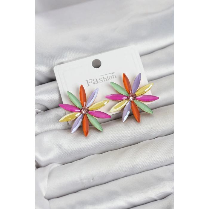 Mey İthalat® Karışık Renk Kristal Taşlı Lotus Model Kadın Küpe