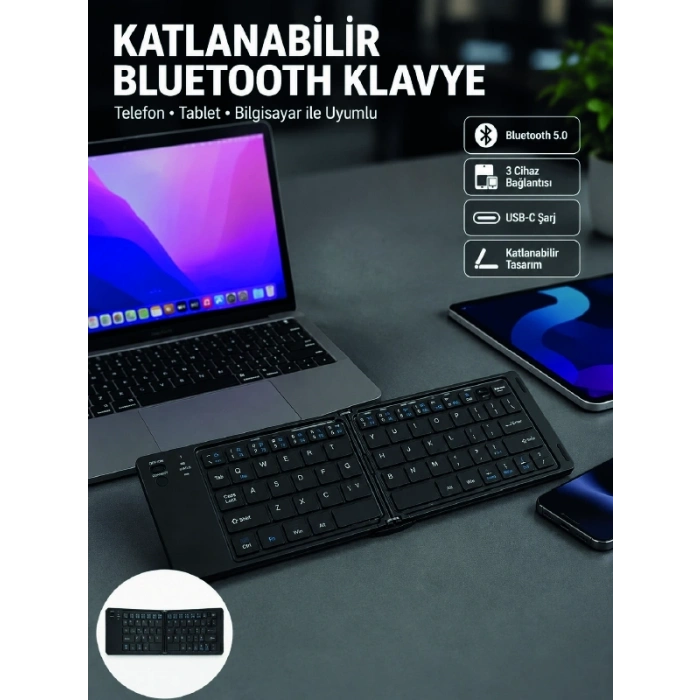Mey İthalat® Katlanabilir Bluetooth Klavye 3 Cihaz Bağlantılı Kablosuz Taşınabilir Klavye