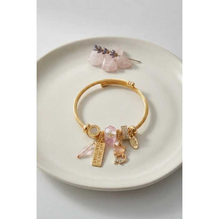 Mey İthalat® Kedili Model Pembe Charmlı Bileklik