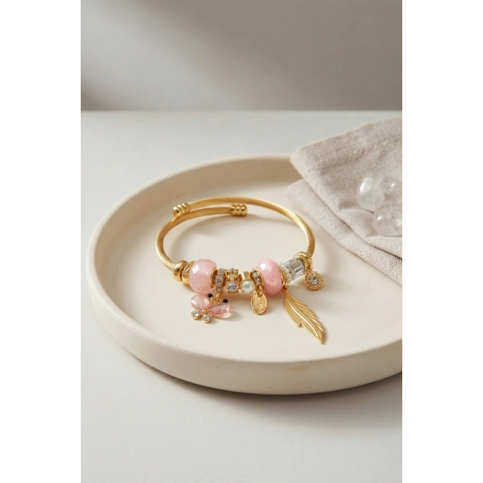 Mey İthalat® Kelebek Model Gold Renk Pembe Charmlı Bileklik