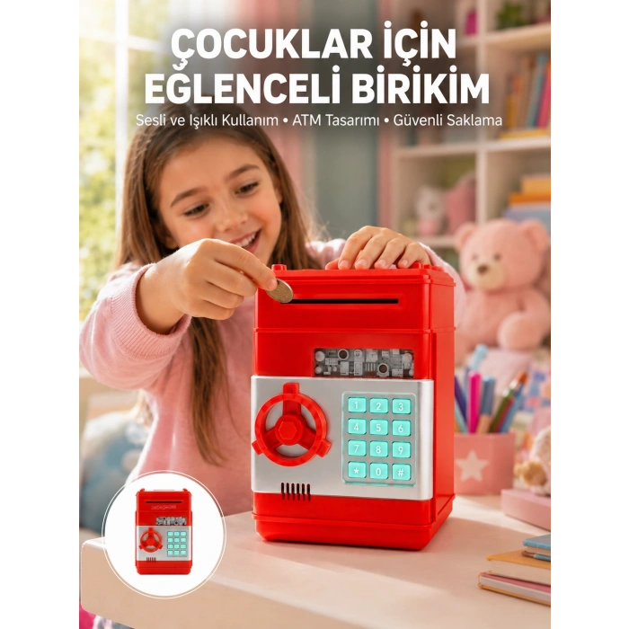 Mey İthalat® Kırmızı ATM Kasa Tipi Para Biriktirme Kumbarası
