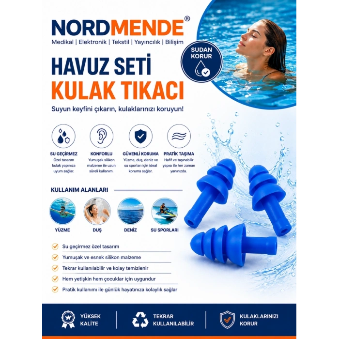 Mey İthalat®  Havuz Seti Silikon Kulak Tıkacı Su Sporları Yüzme Deniz Duş İçin Su Geçirme Engel Tıkaç