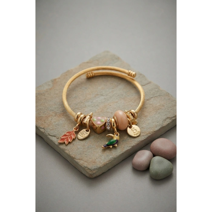 Mey İthalat® Kuş Figürlü Charmlı Gold Renk Bileklik